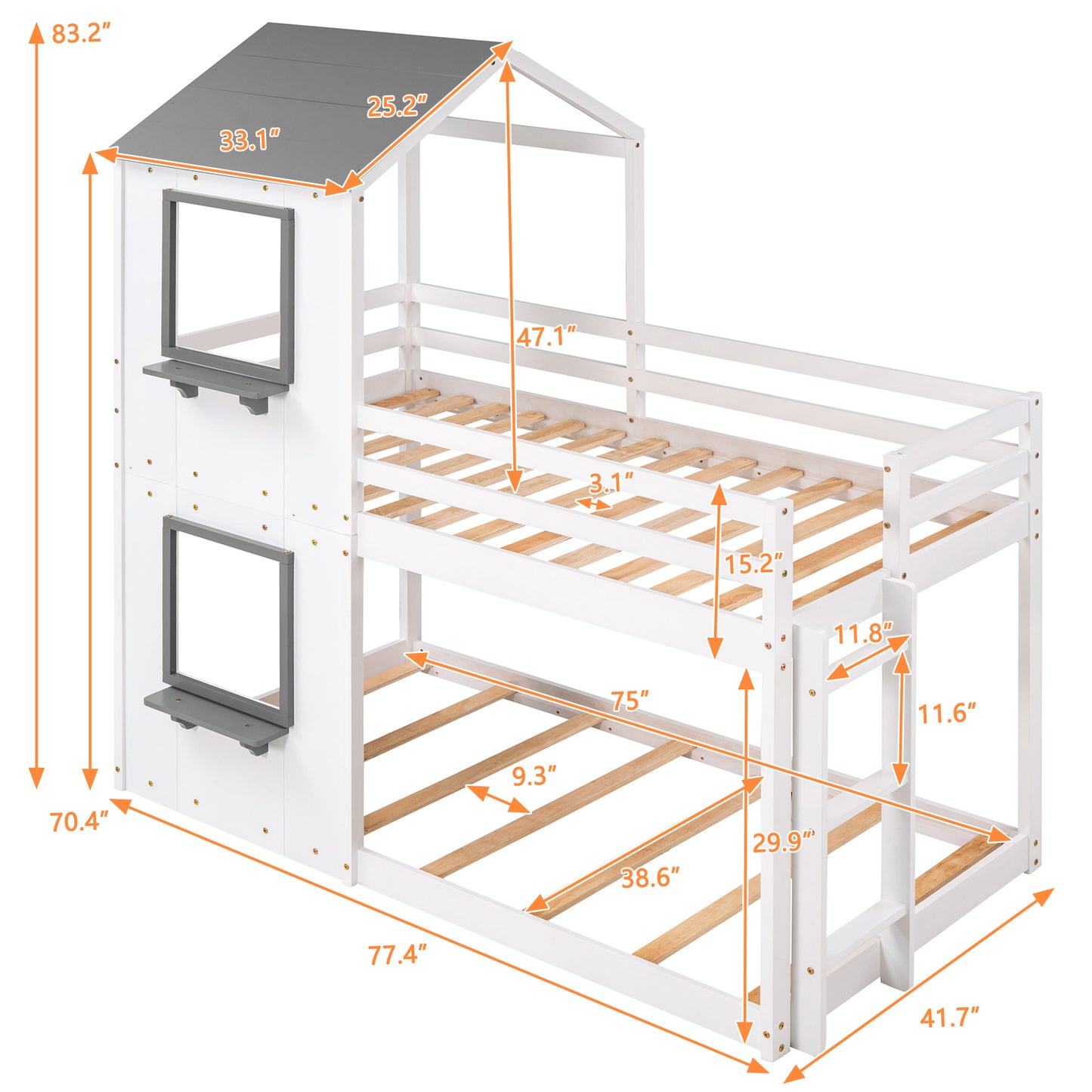 White wooden bunk bed with houseshaped frame and grey roof