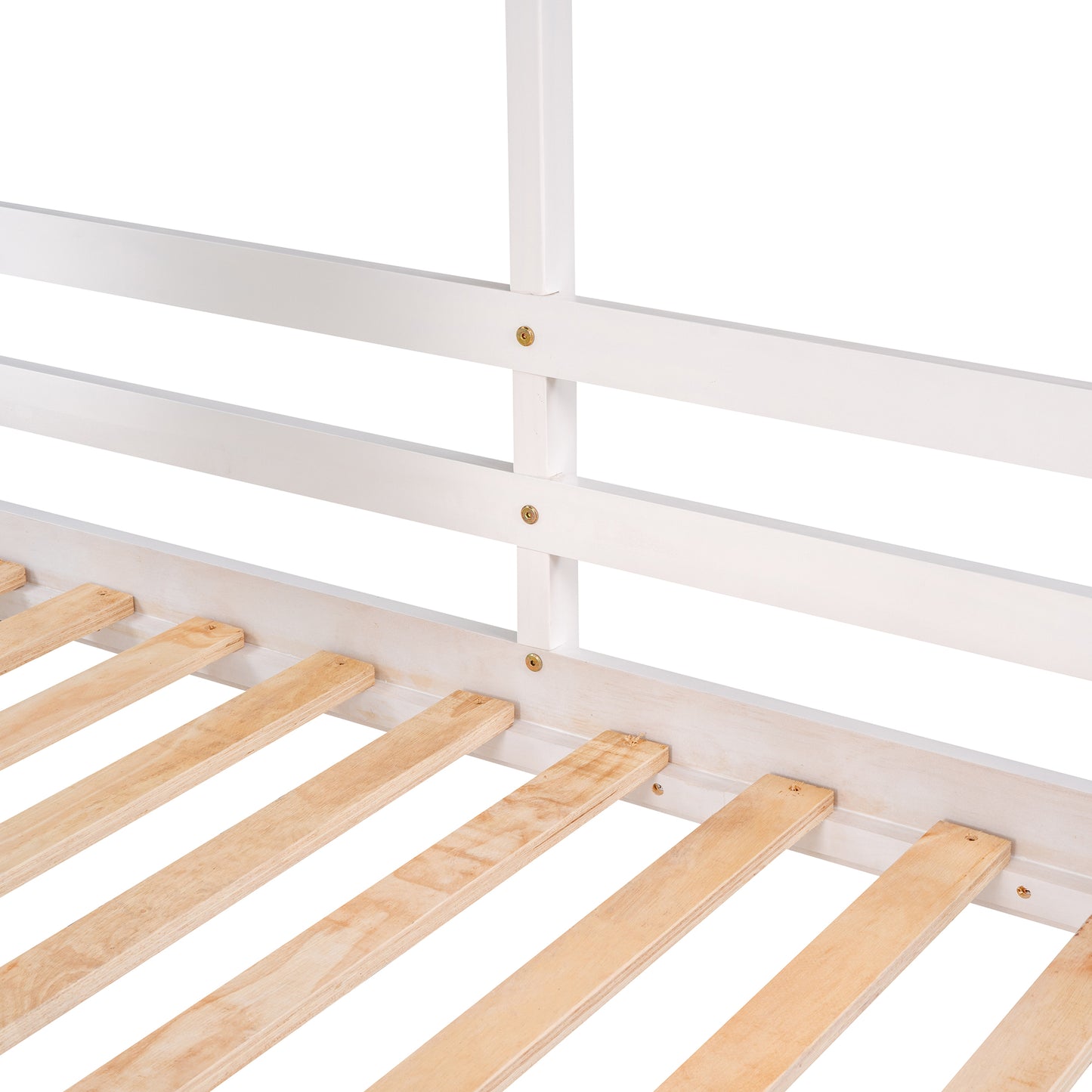 White wooden bed frame detail with natural wood slats for mattress support