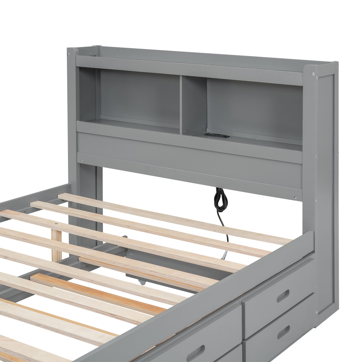 Gray wooden twin bed frame with builtin headboard bookcase and storage drawers