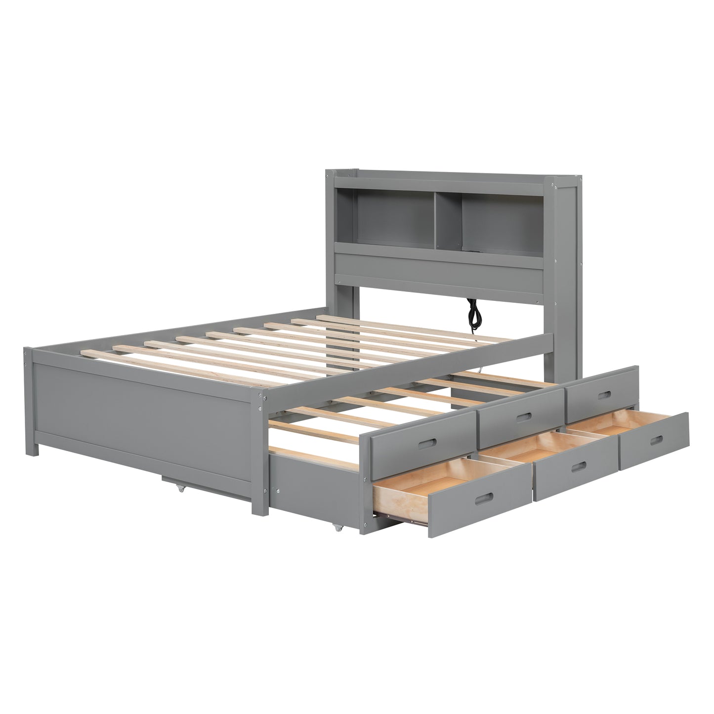 Grey wooden bed frame with integrated bookshelf headboard and six storage drawers