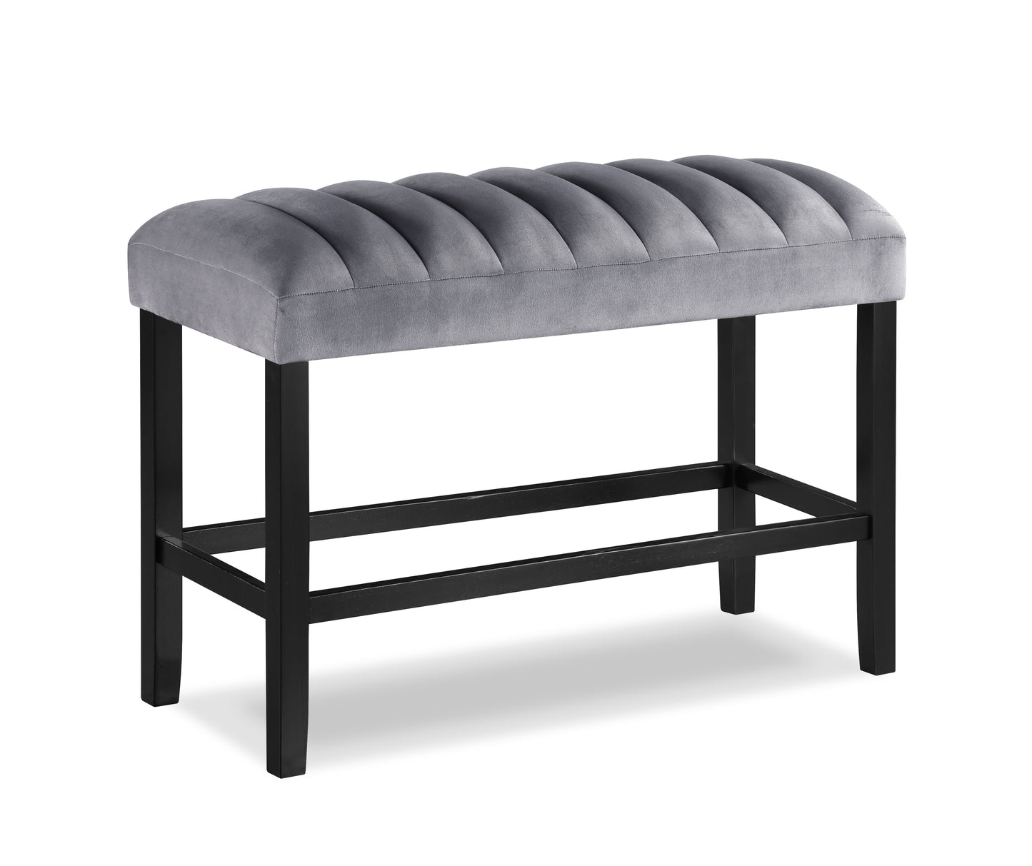 Grey velvet channel tufted bench with black wooden legs