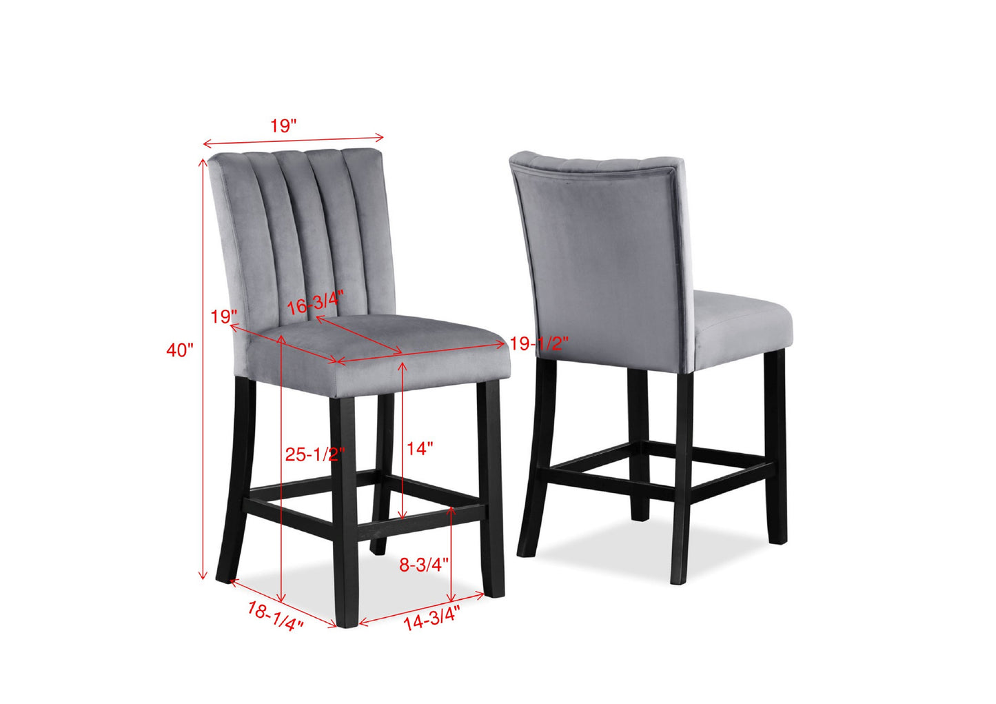 Gray velvet channeltufted bar stool with dark wood legs