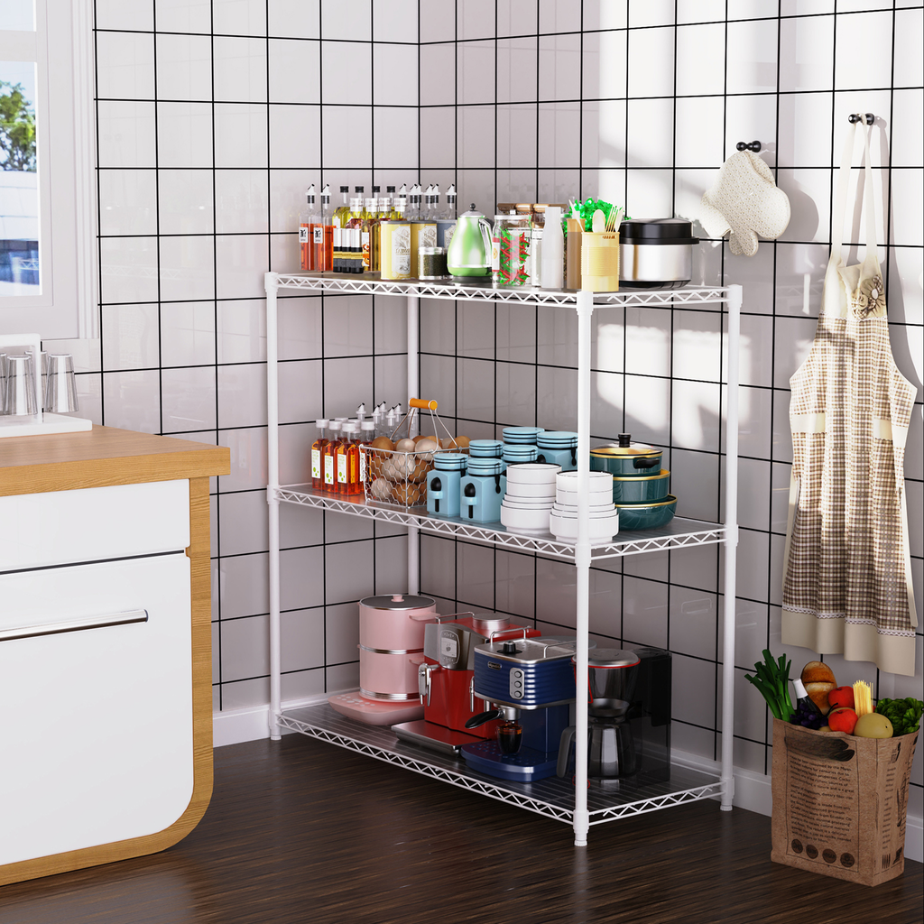 White wire shelving unit with kitchen supplies