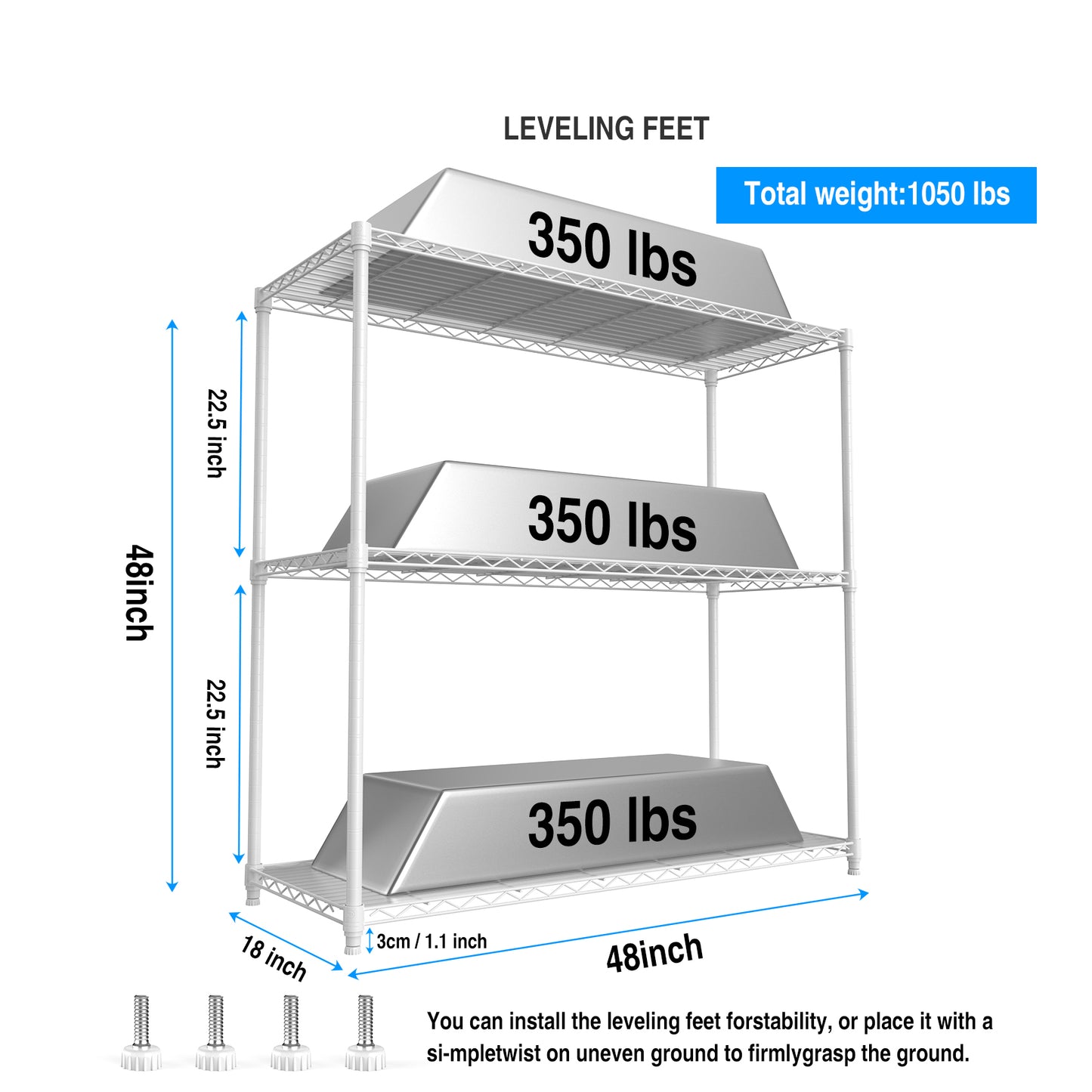 White wire shelving unit with three shelves each labeled lbs capacity