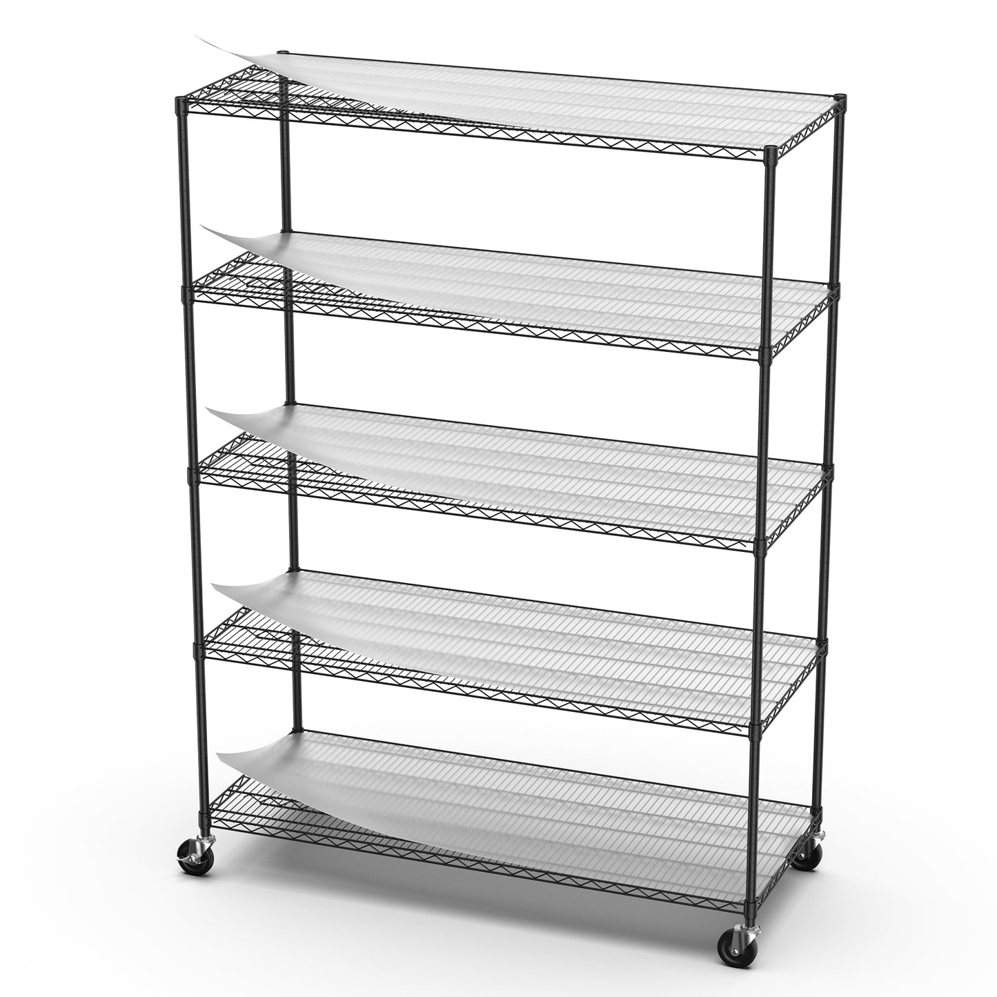 Black tier wire shelving unit with clear liners and casters