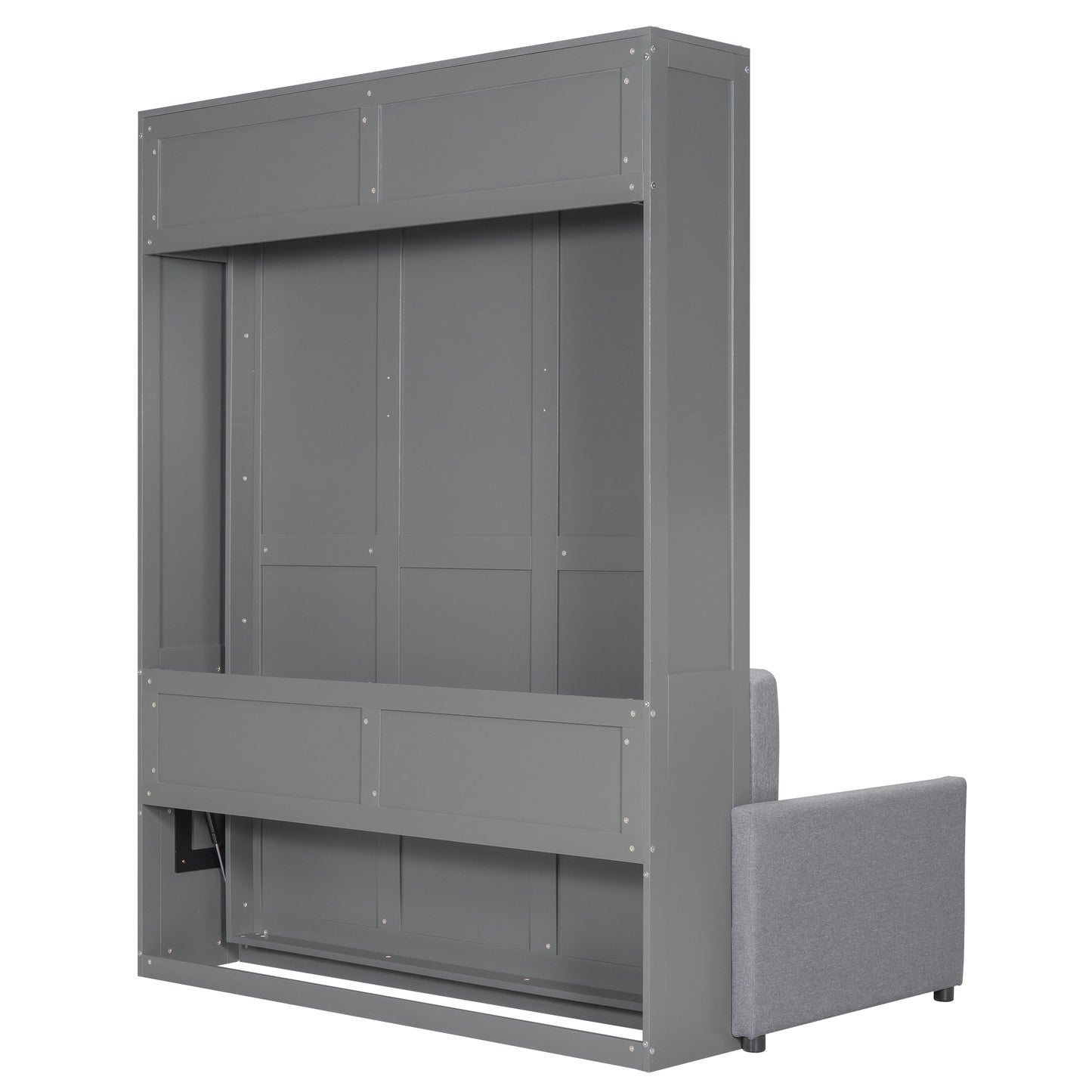 Grey murphy bed frame with integrated grey fabric sofa armrest