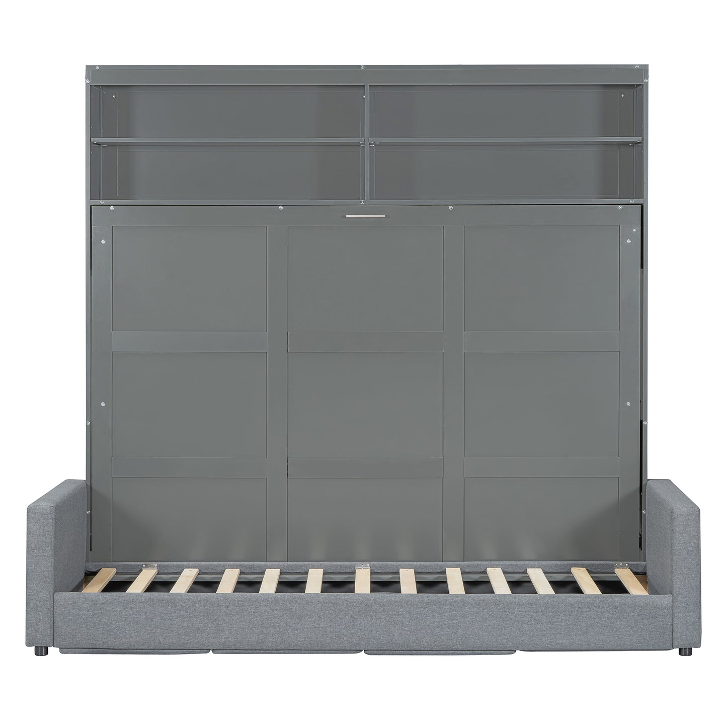 Modern gray murphy bed with integrated shelving and sofa