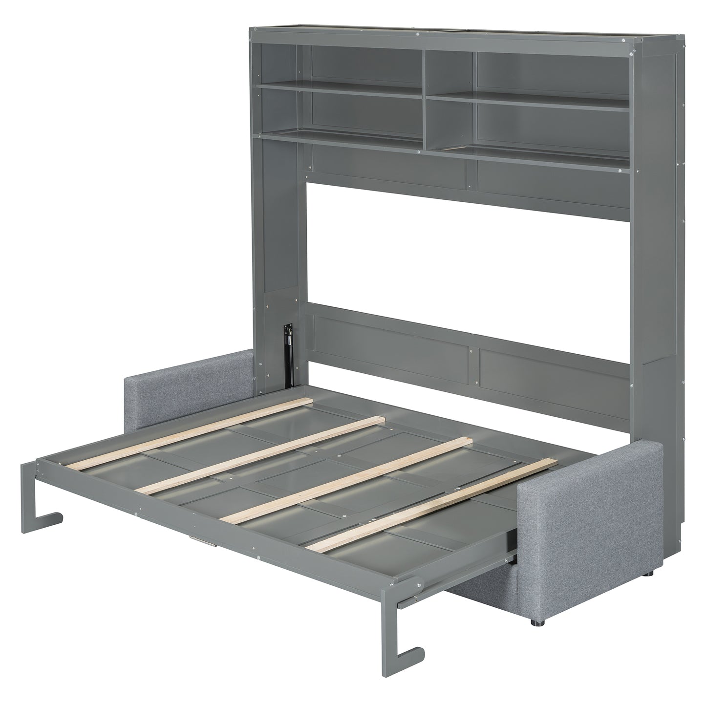 Gray murphy bed with open mattress support and builtin shelving
