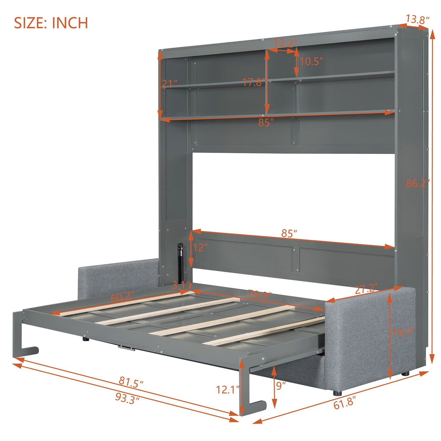 Gray murphy bed frame with integrated shelving and gray fabric sofa