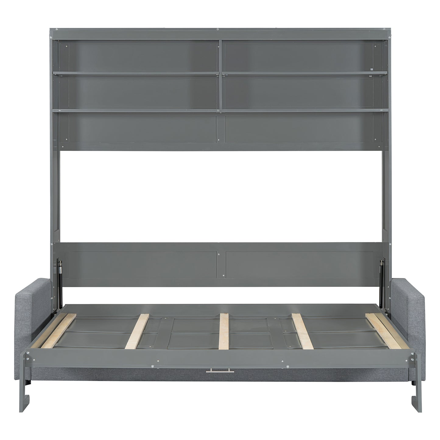Gray Murphy bed frame with open mattress support slats