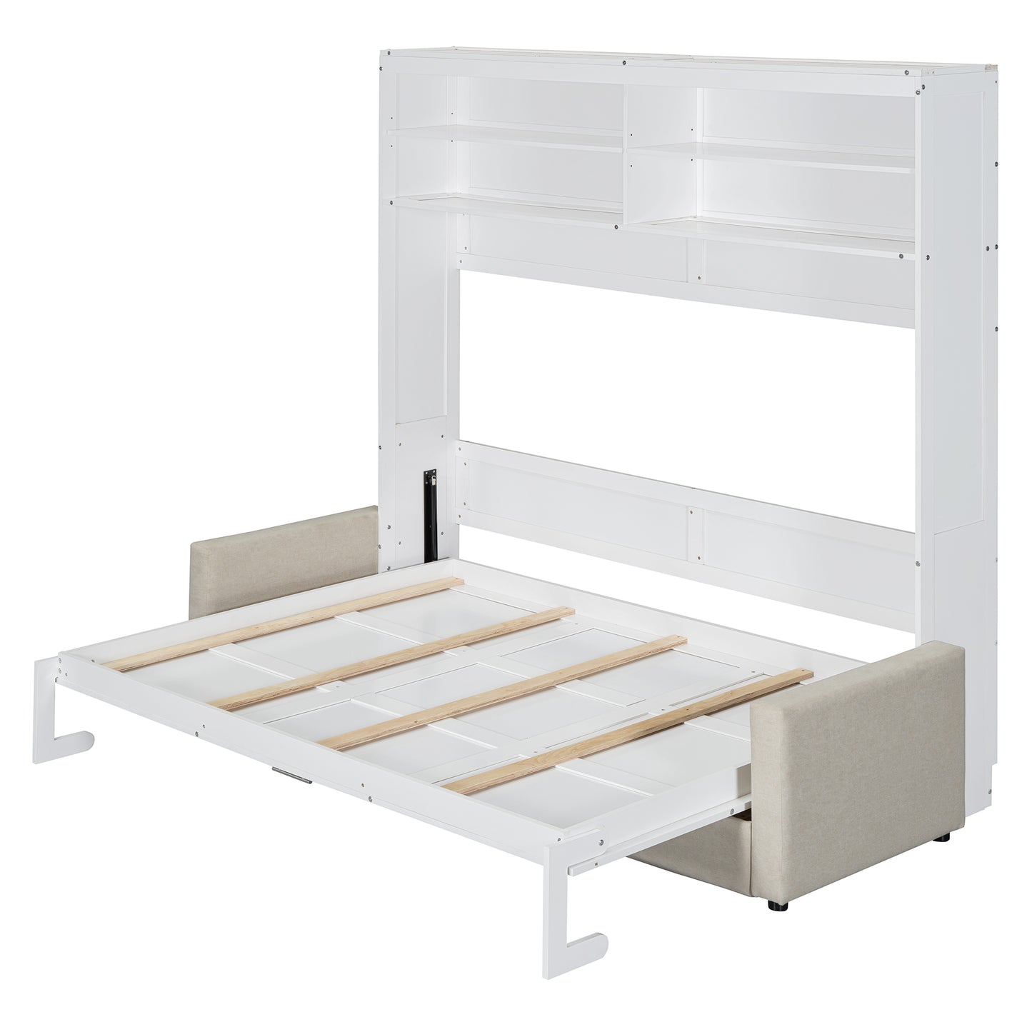 White Murphy bed frame with mattress support slats extended and integrated shelving