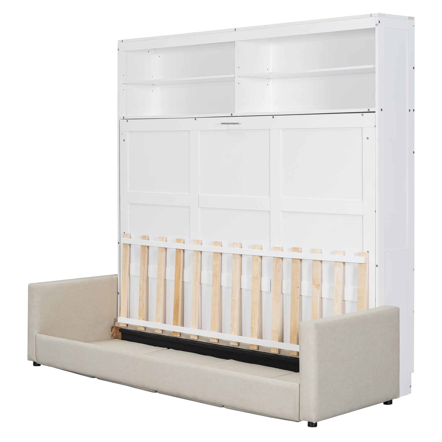 White murphy bed with beige upholstered sofa partially extended