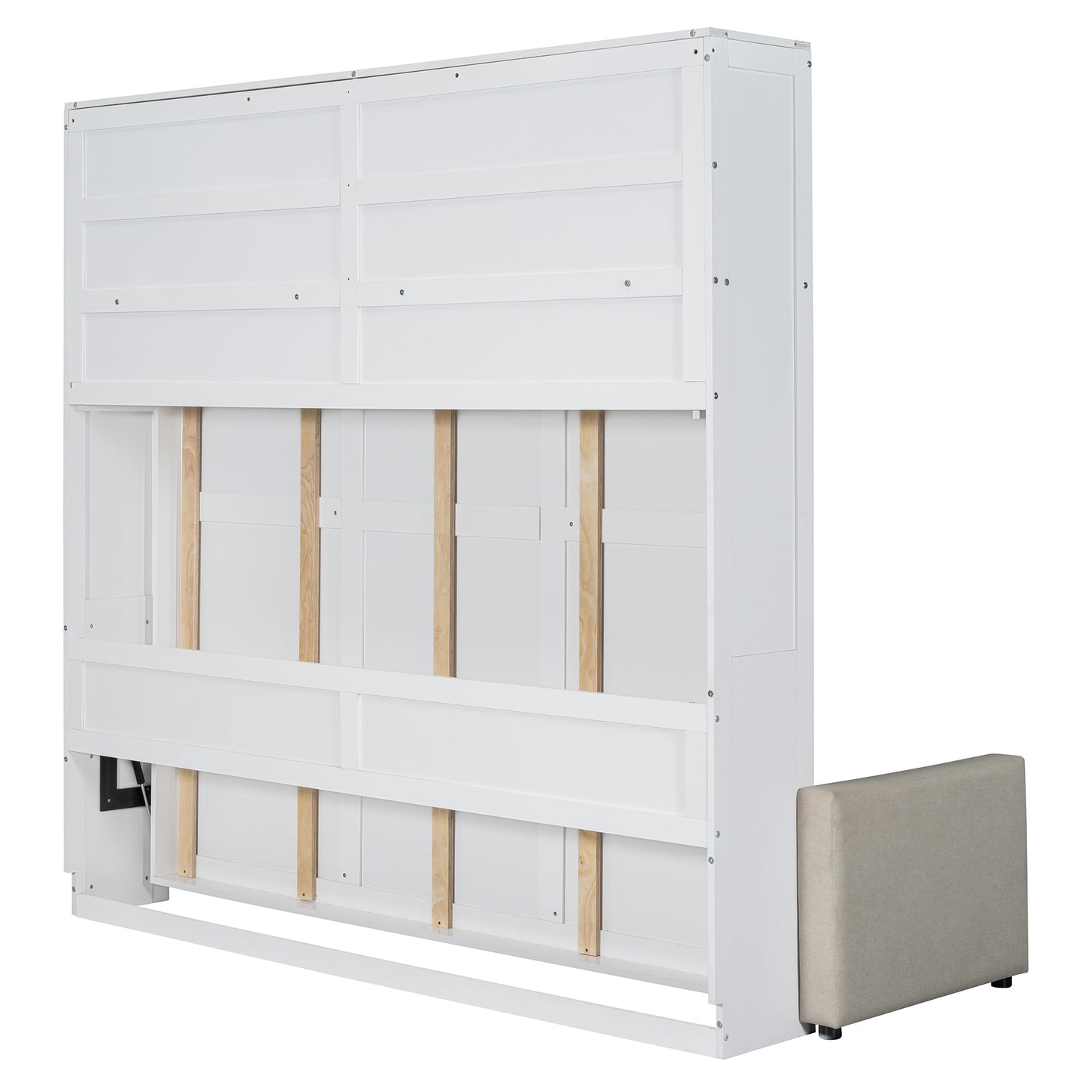 White panel bed frame with exposed wooden slats and tan upholstered footrest