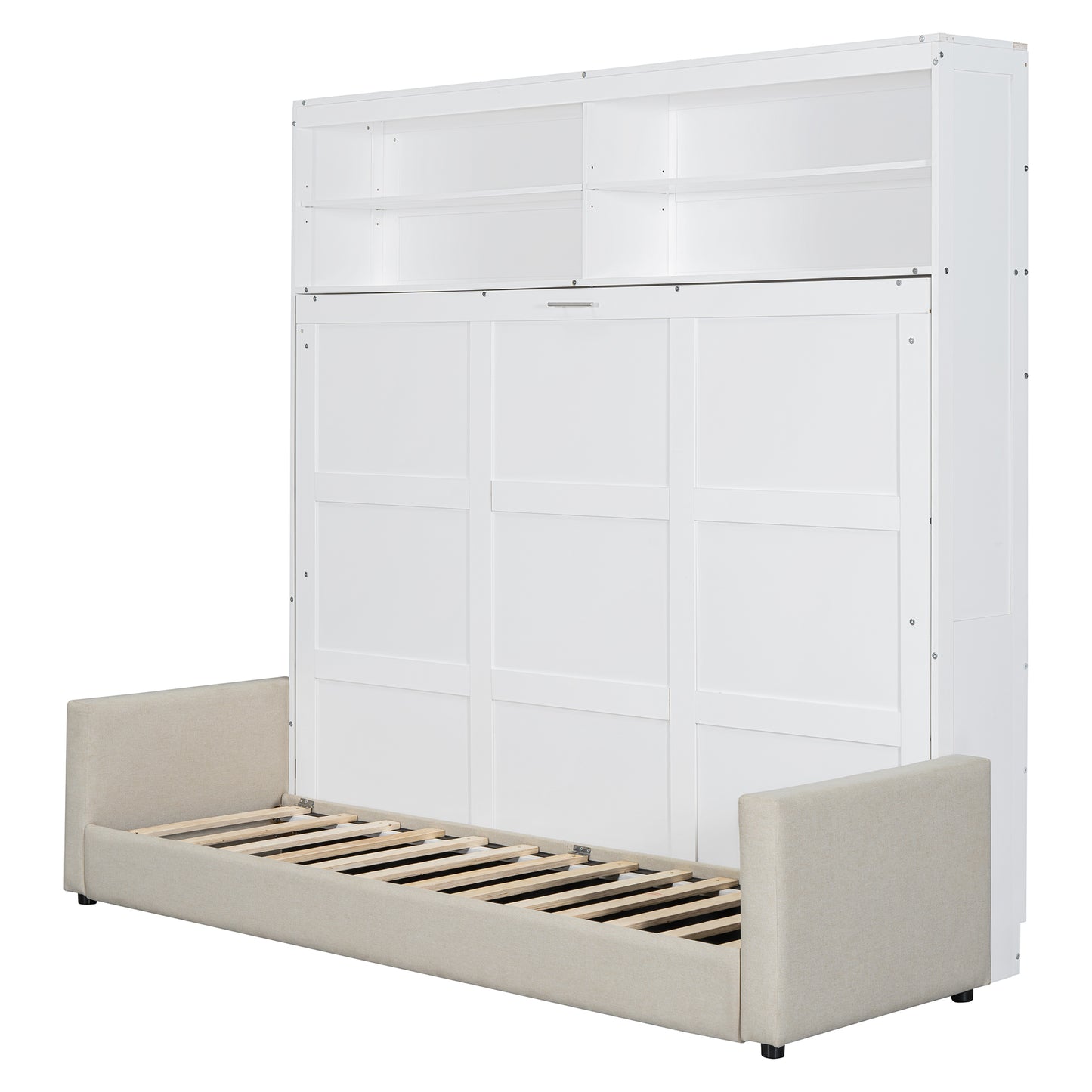 White Murphy bed with open linen upholstered sofa and slatted frame