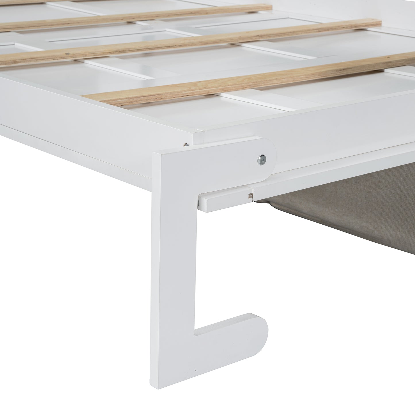 White wooden bed frame support bracket with clean lines