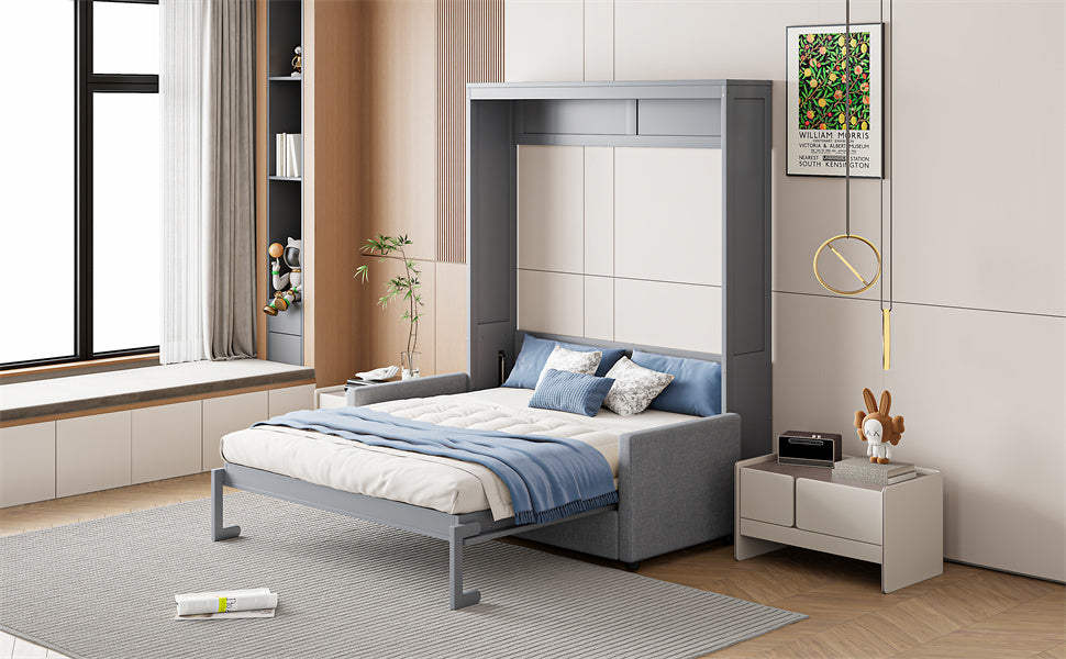Gray Murphy bed with blue bedding and throw pillows