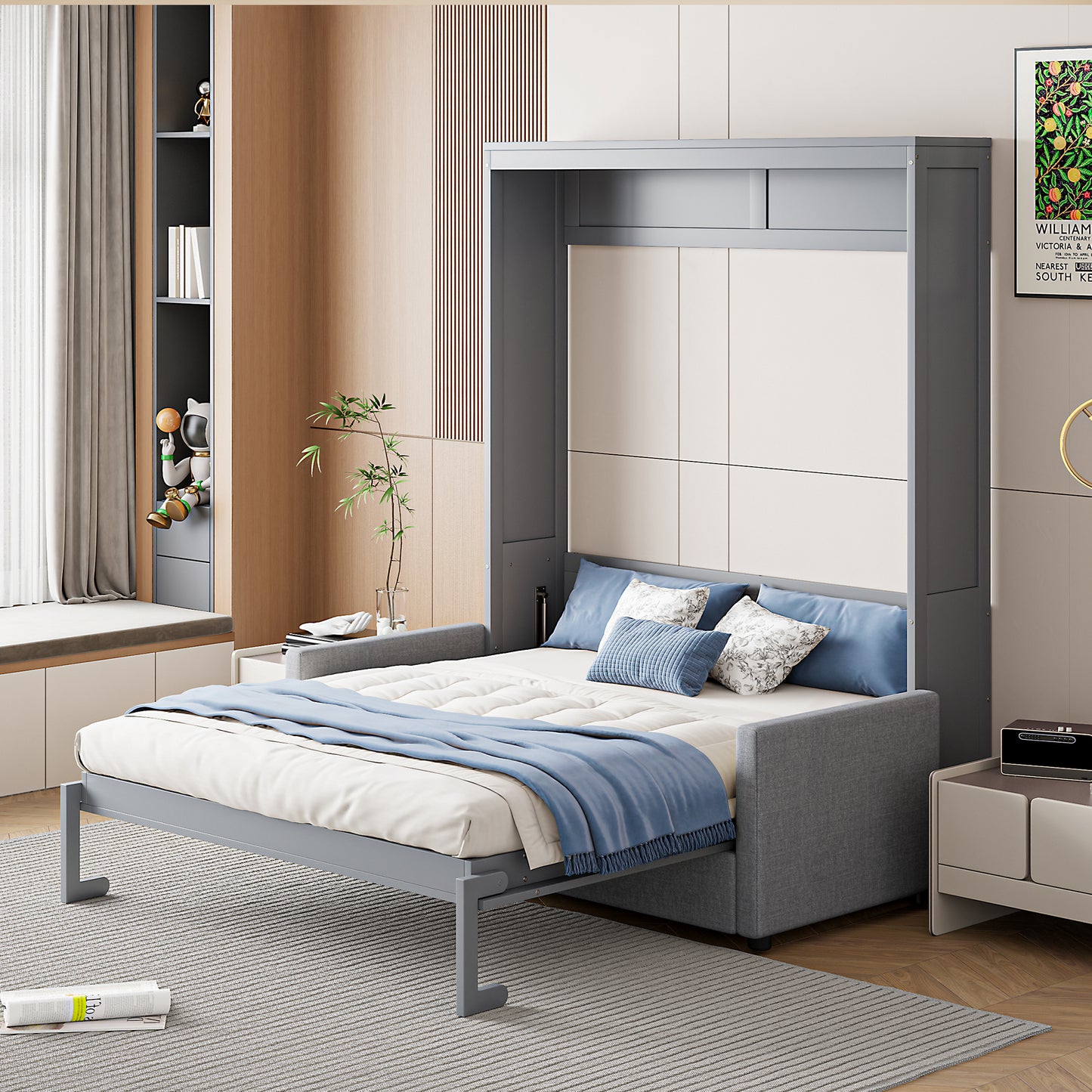 Gray murphy bed with queen mattress and blue throw blanket