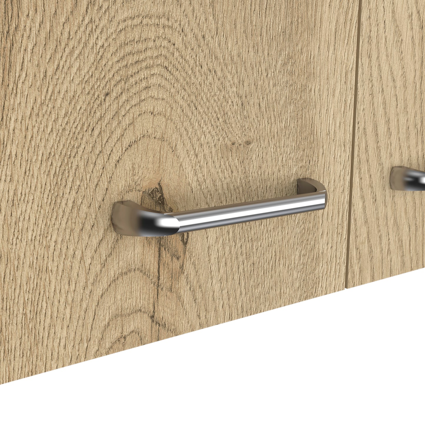 Brushed nickel cabinet handle on light oak wood grain finish