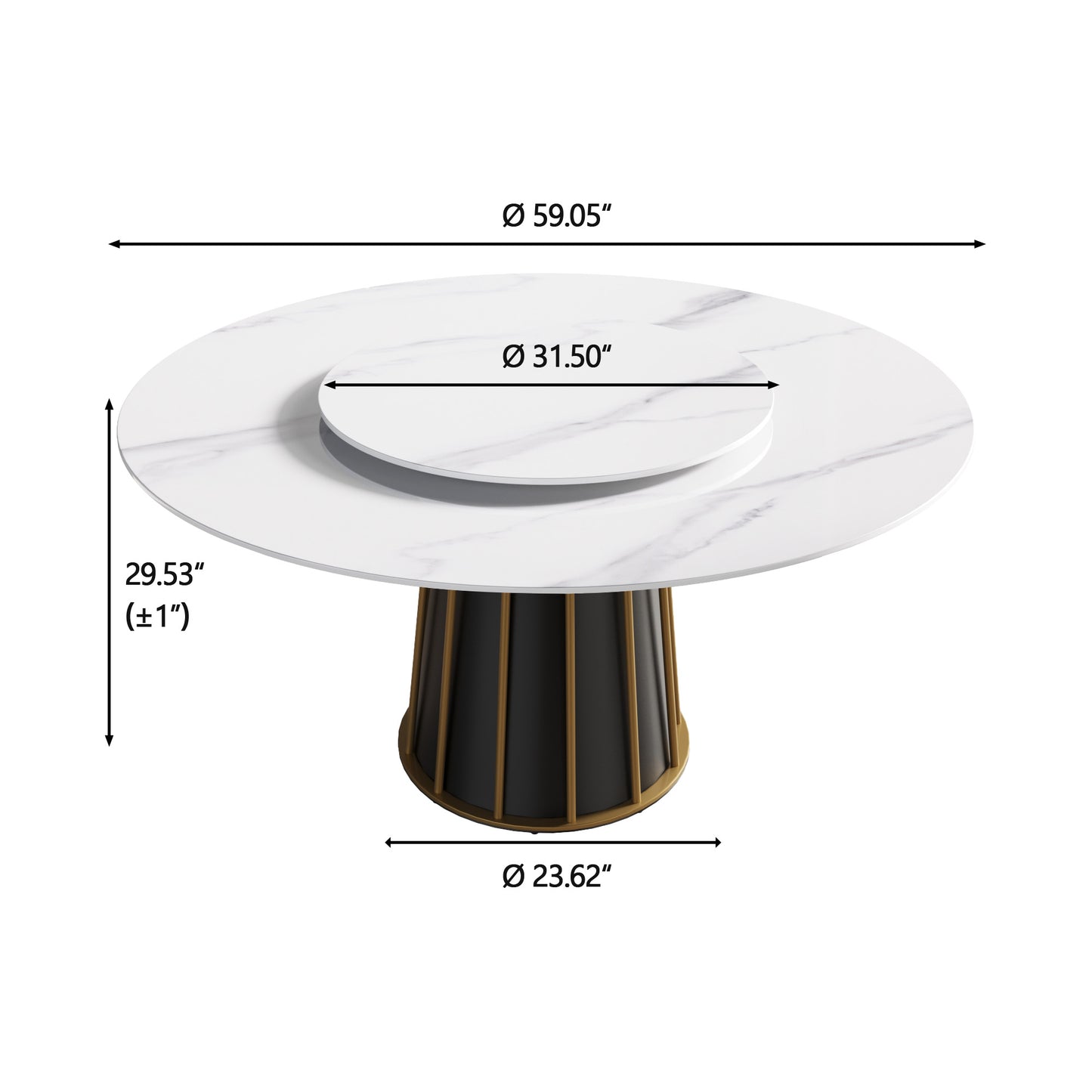 White marble round dining table with black fluted pedestal base