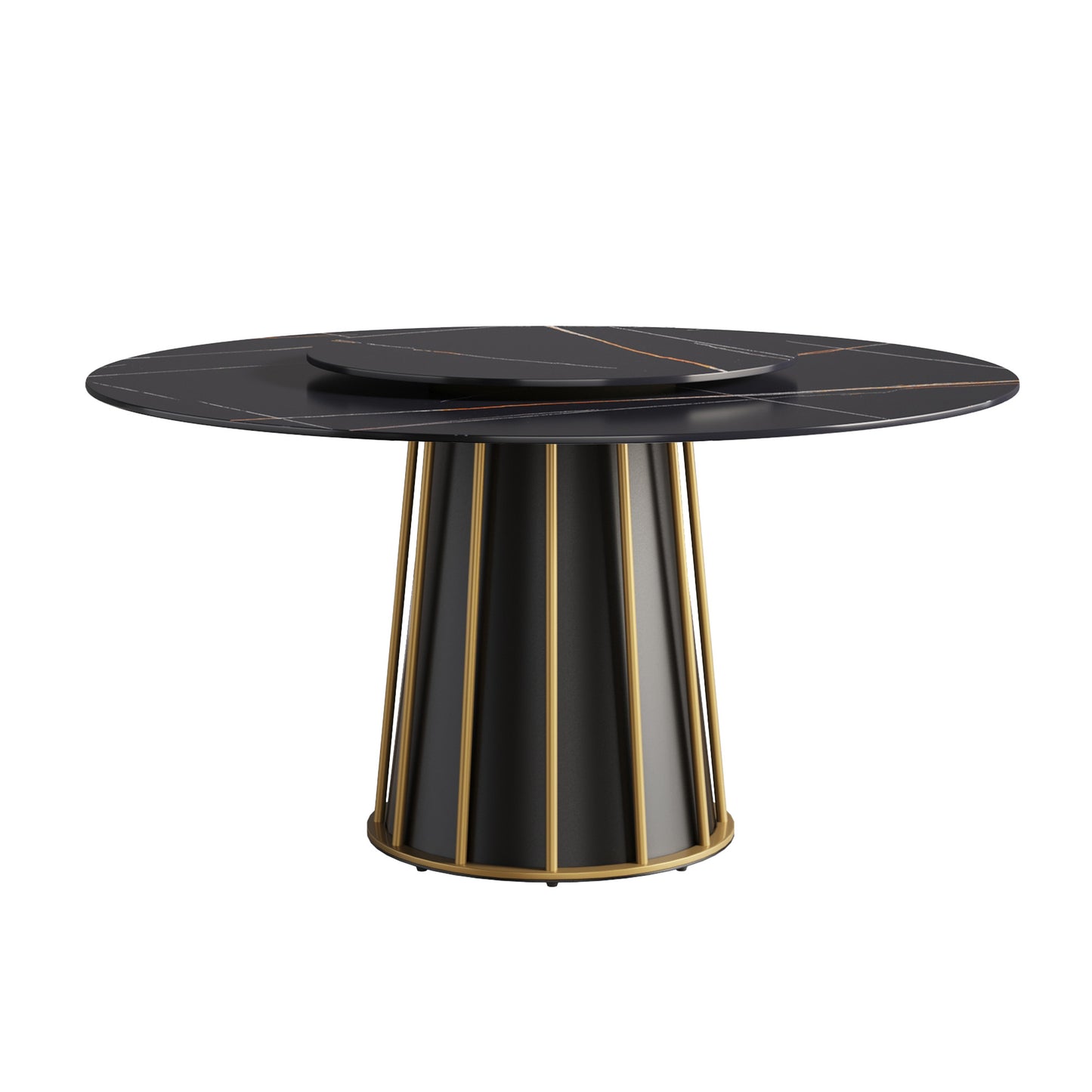 Black marble dining table with gold accents and pedestal base