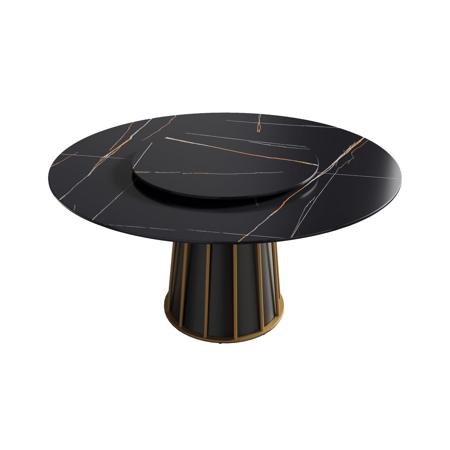 Black marble dining table with gold veining and a tiered lazy susan
