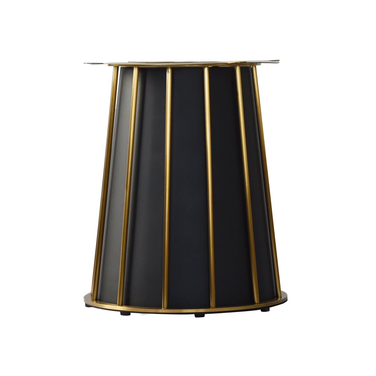 Black metal table base with gold vertical accents