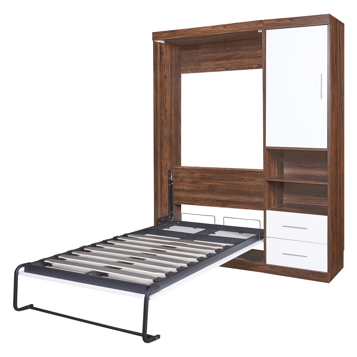 Modern Murphy bed with dark wood finish and white cabinet