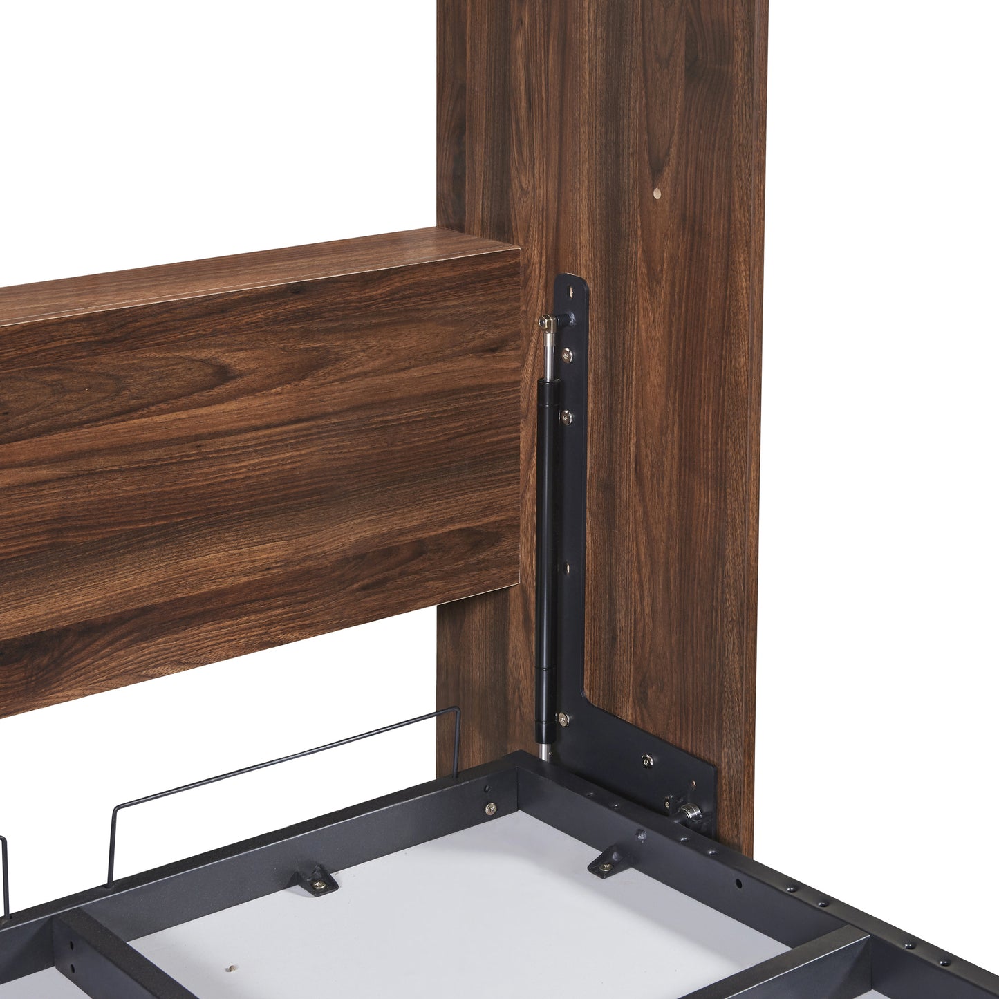 Dark wood headboard detail with pneumatic lift assist and metal frame