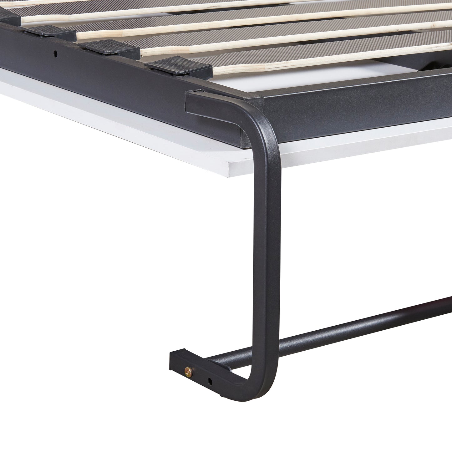 Black metal bed frame with wooden slats for mattress support