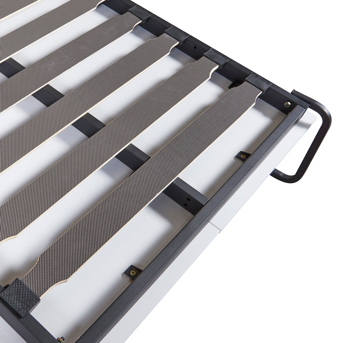 Metal bed frame with grey antislip slats for mattress support
