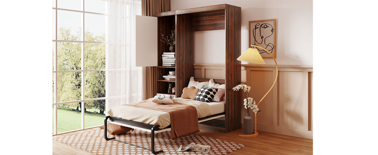 Dark wood wall bed with open mattress ready for use in a compact living space