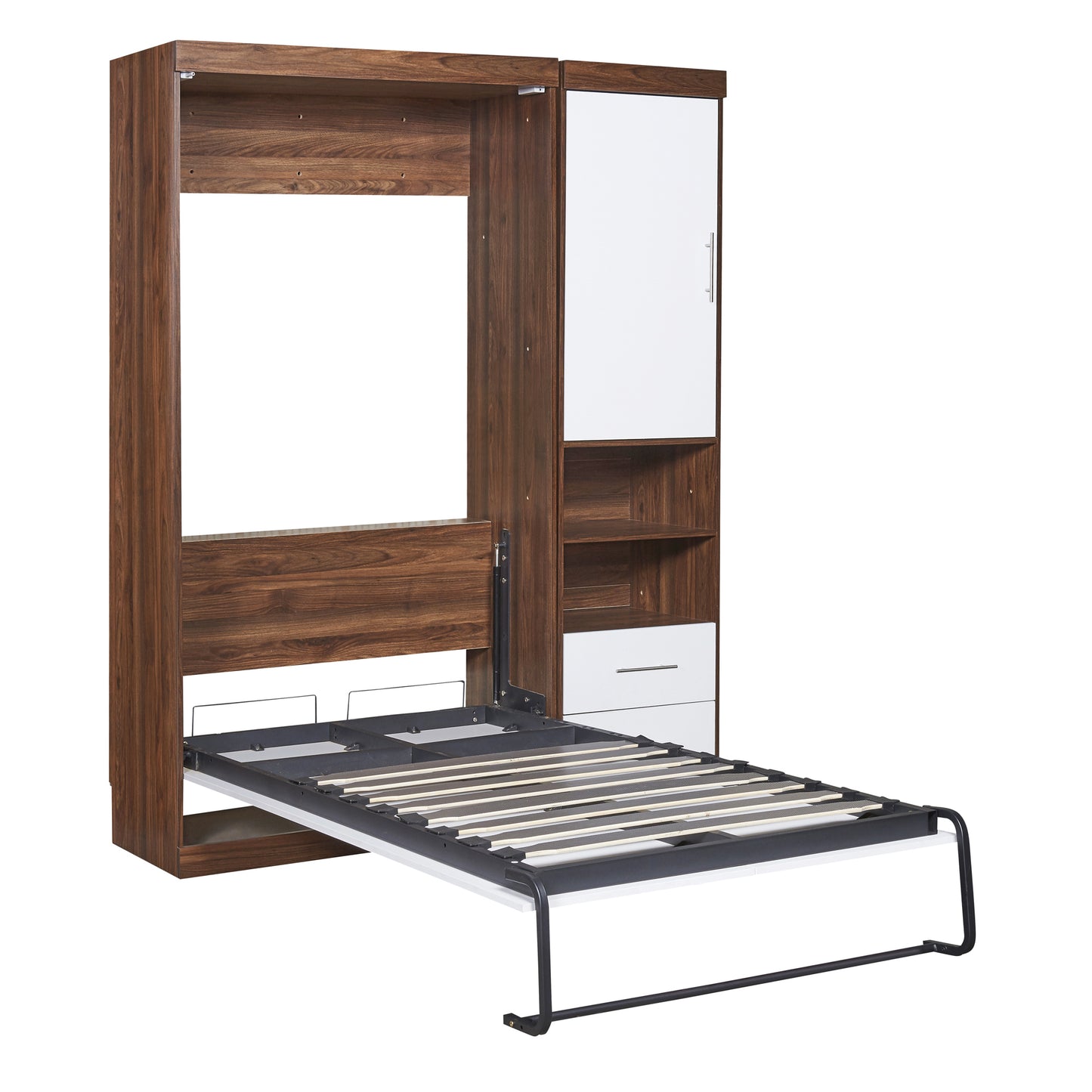 Wall bed with wooden finish and integrated storage cabinets