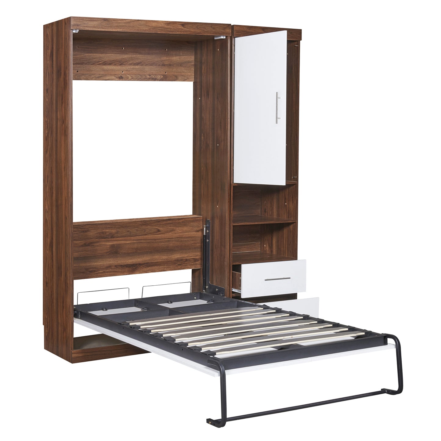 Walnut finish murphy bed with open mattress support
