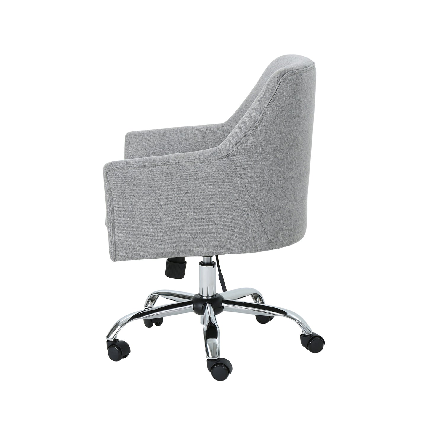 Gray fabric desk chair with chrome base and casters