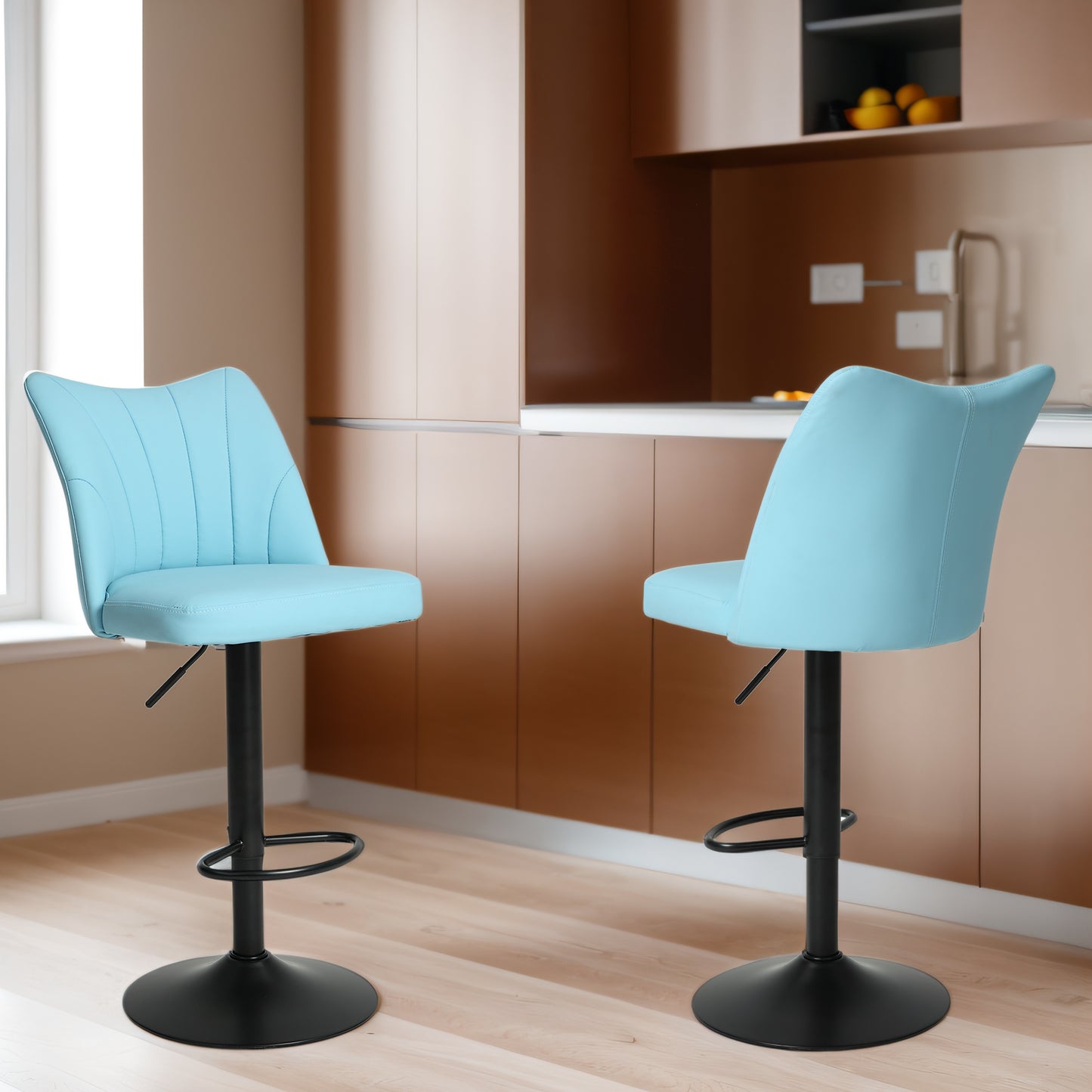 Light blue upholstered bar stool with adjustable height and black base