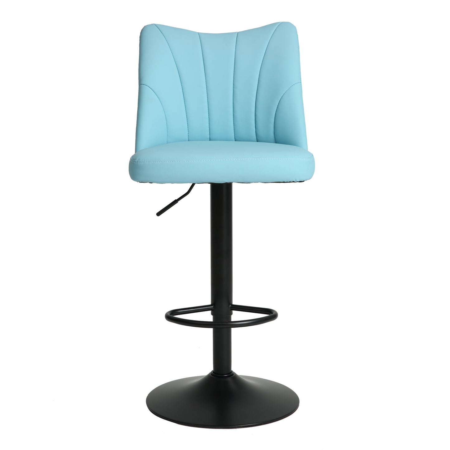 Light blue upholstered bar stool with a gas lift and black metal base
