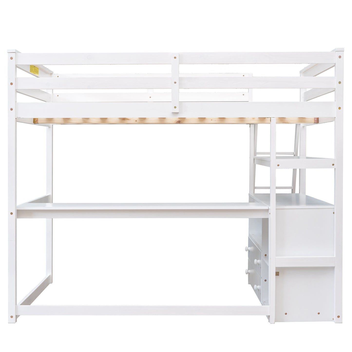 White wooden loft bed with integrated desk and shelving unit