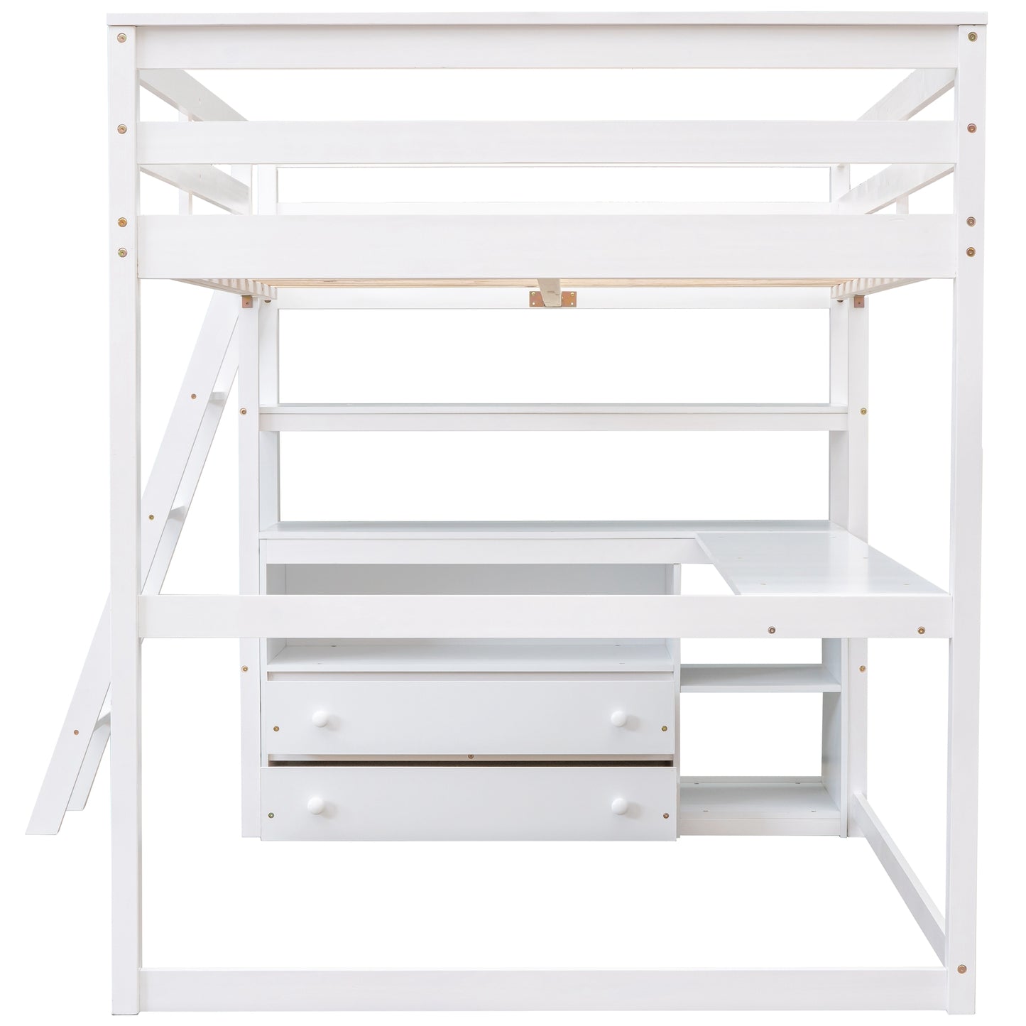 White loft bed with desk and drawers