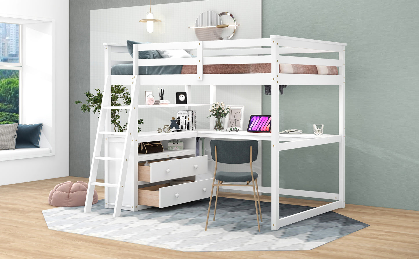 White wooden loft bed with integrated desk and storage drawers