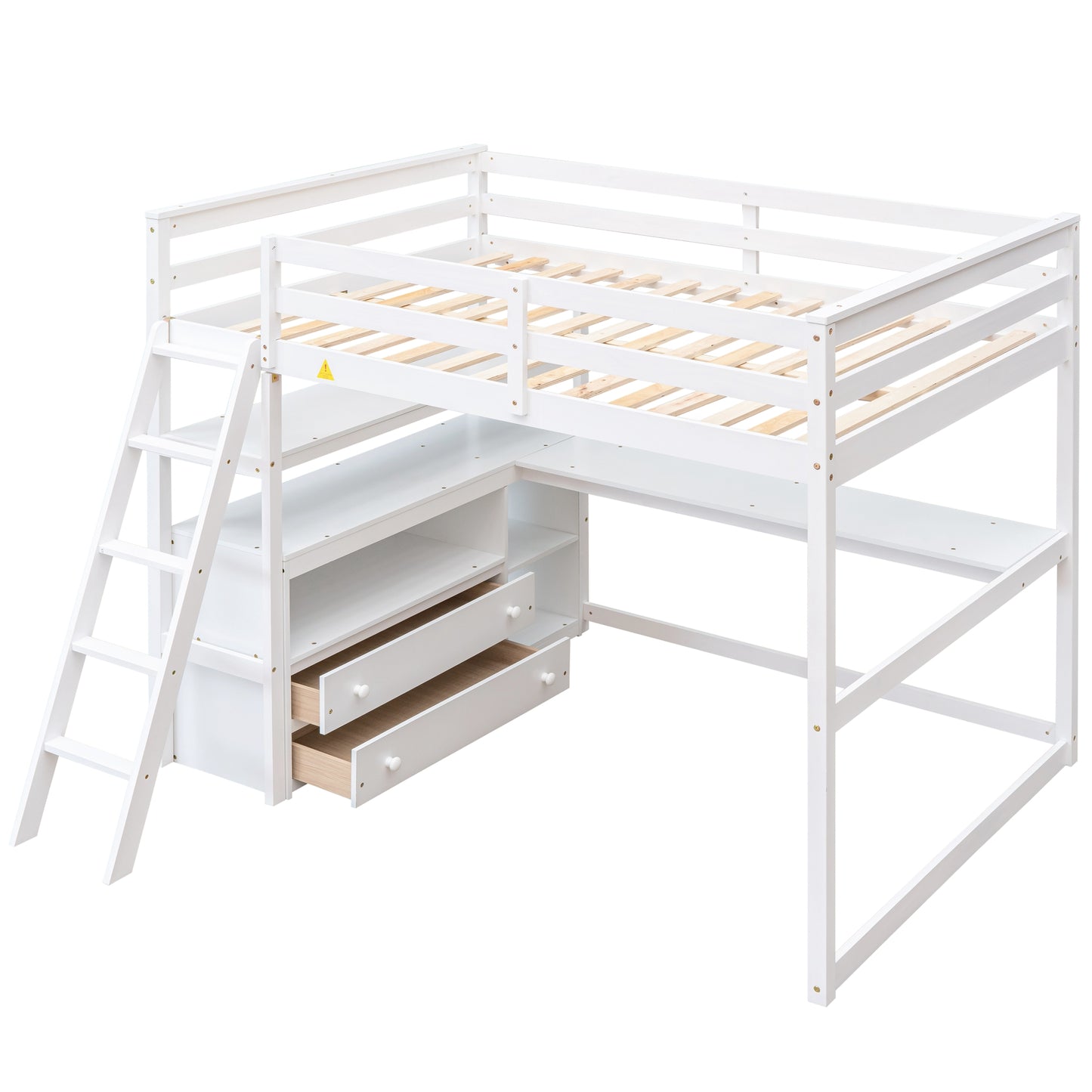 White wooden loft bed with integrated desk and drawers