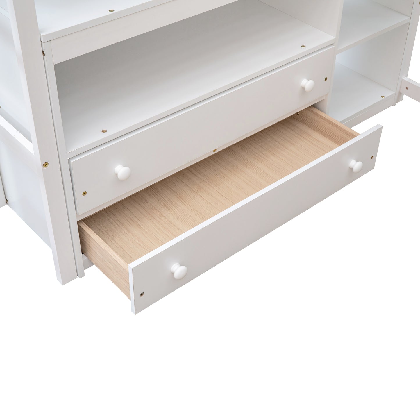 White painted wood dresser with one open drawer showing light wood interior and round knob