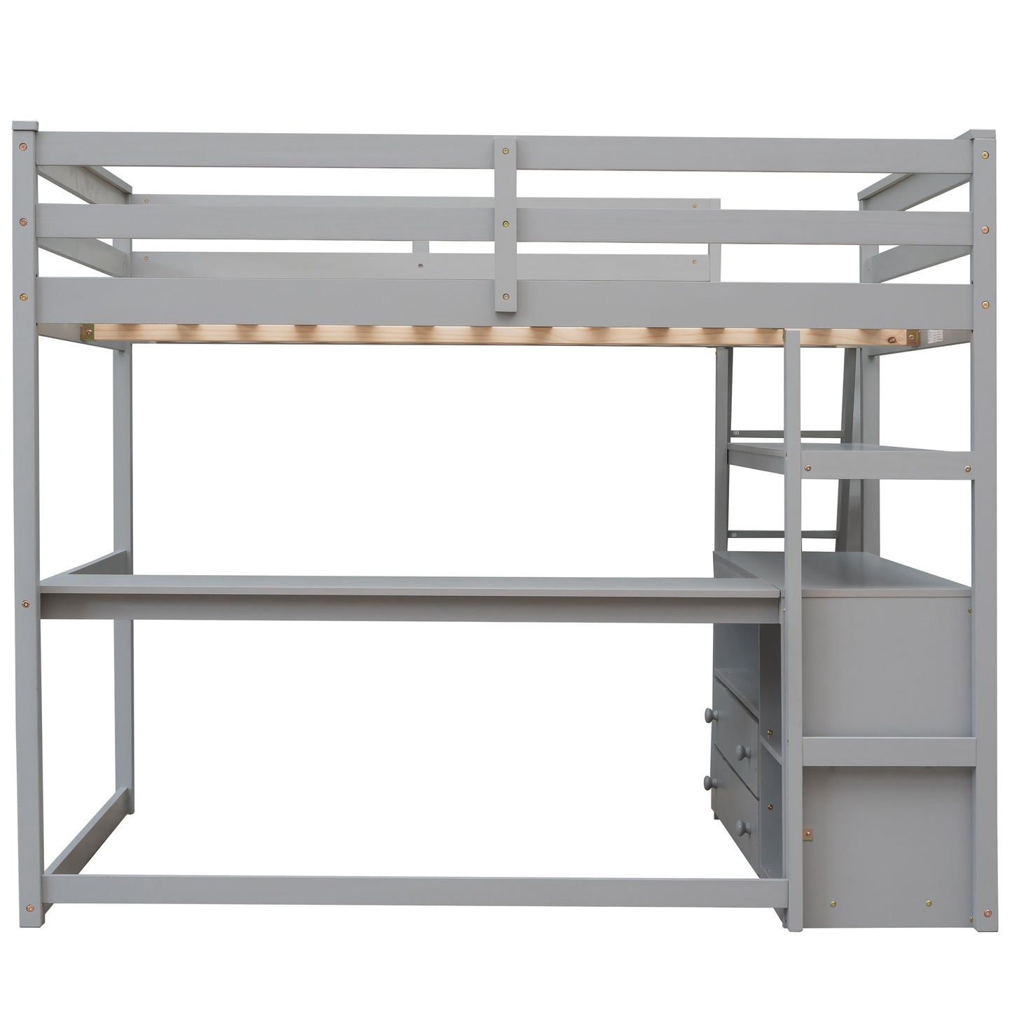 Gray wooden loft bed with integrated desk and shelving