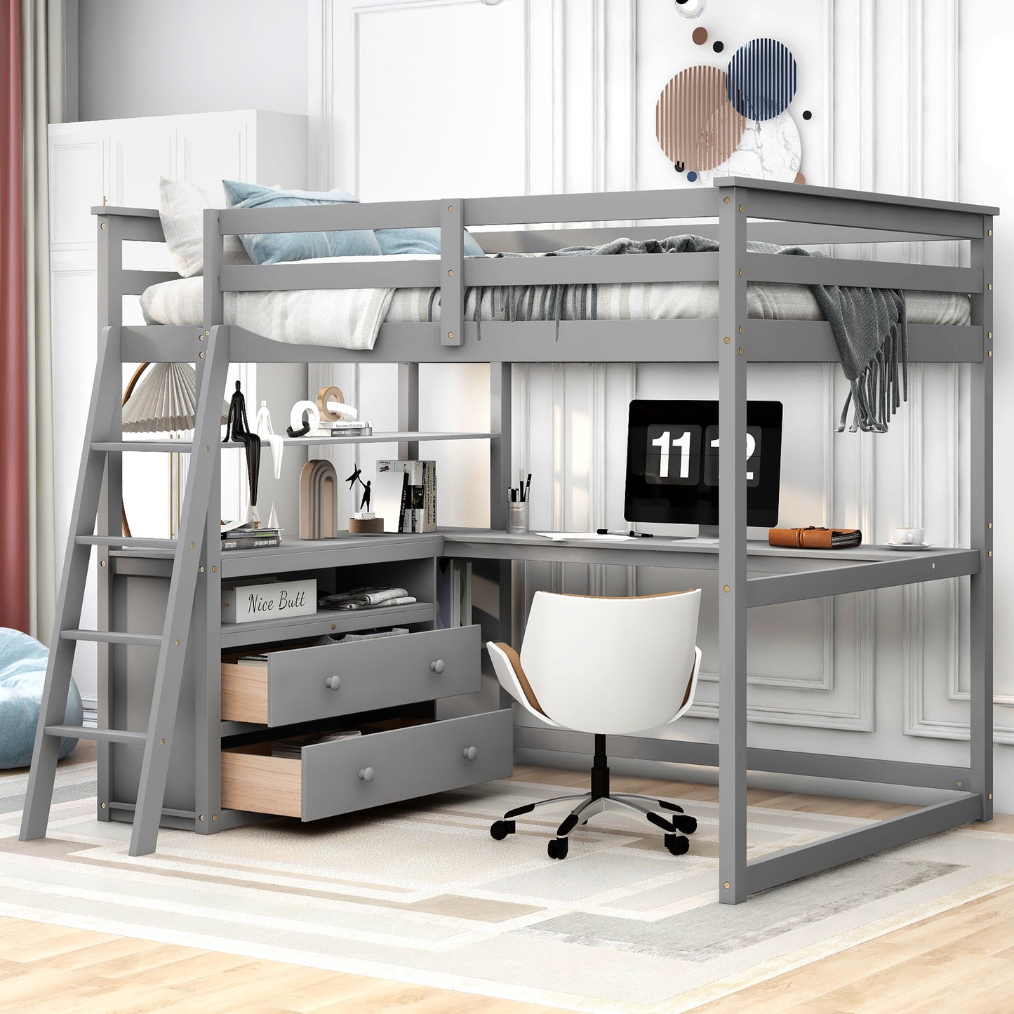 Gray loft bed with desk and drawers perfect for small bedroom storage solutions