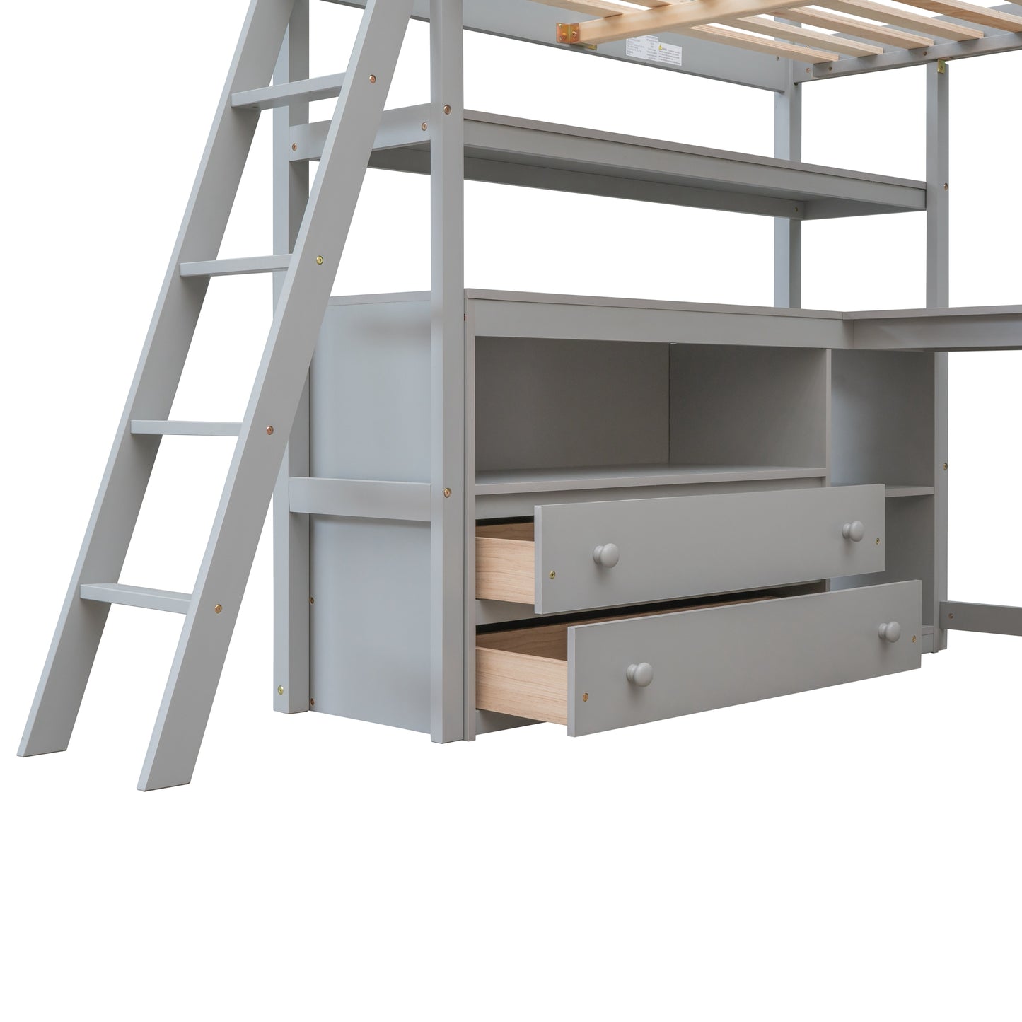 Gray wooden loft bed frame with two drawers and ladder detail