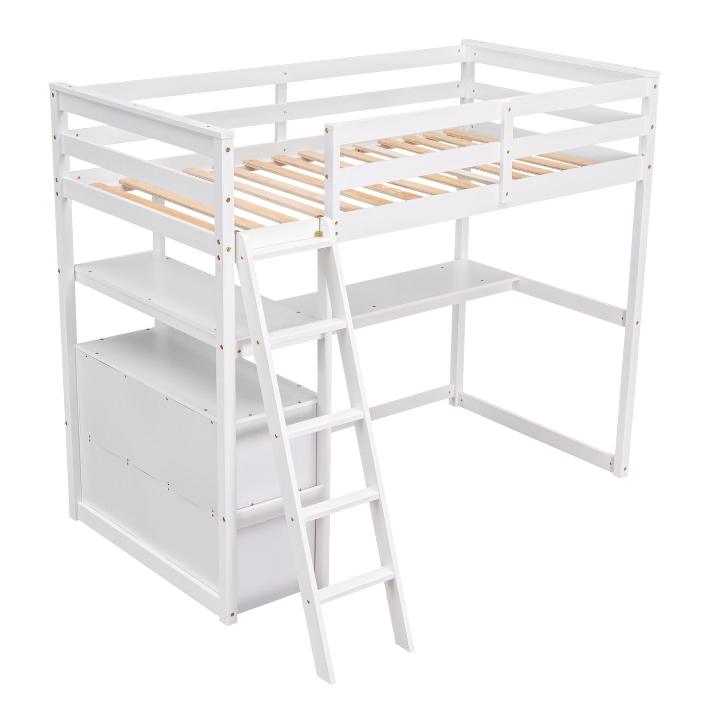 White loft bed with desk and drawers