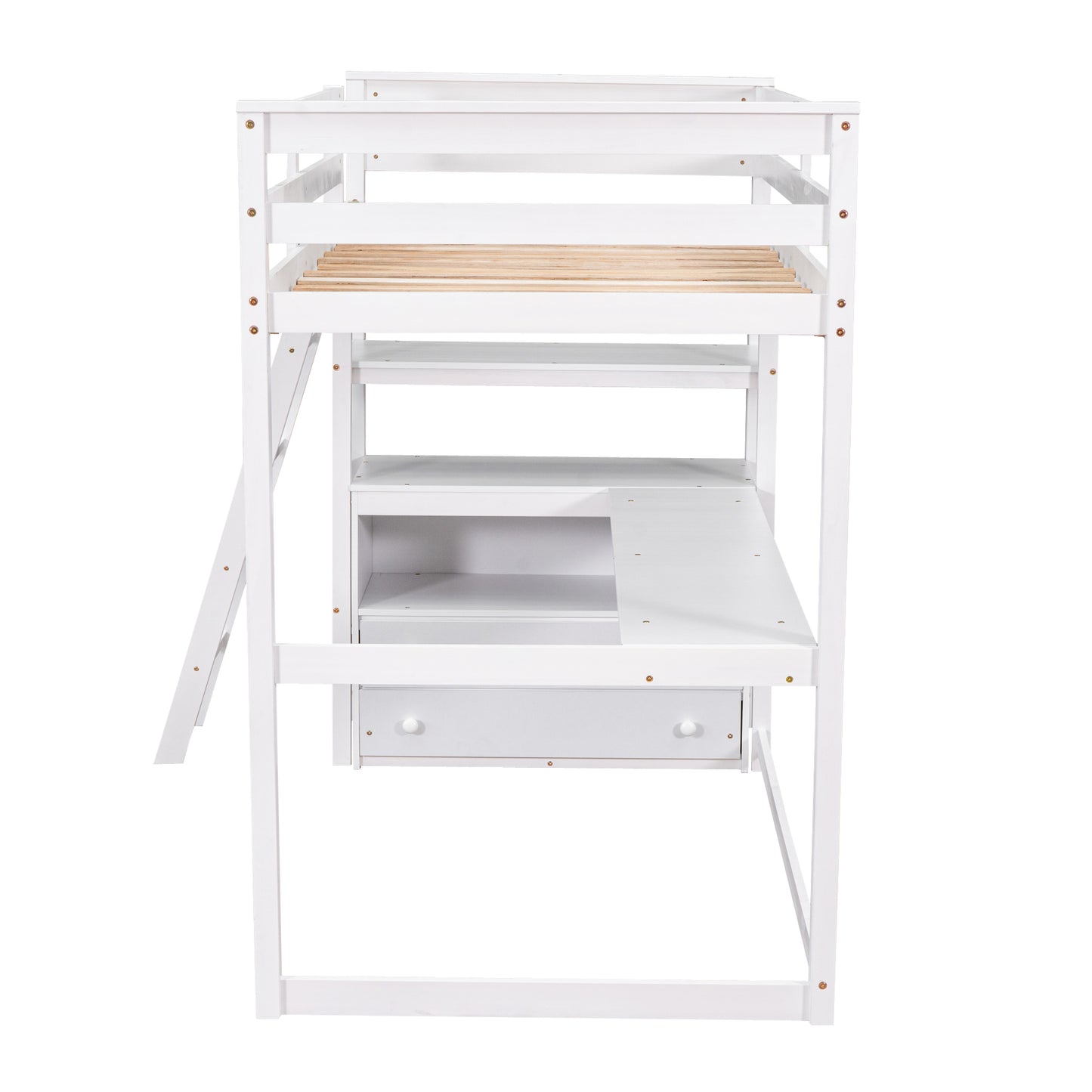 White loft bed with integrated desk and shelves