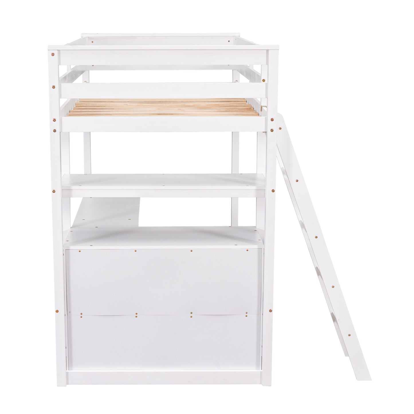White wooden loft bed frame with ladder and shelves for kids