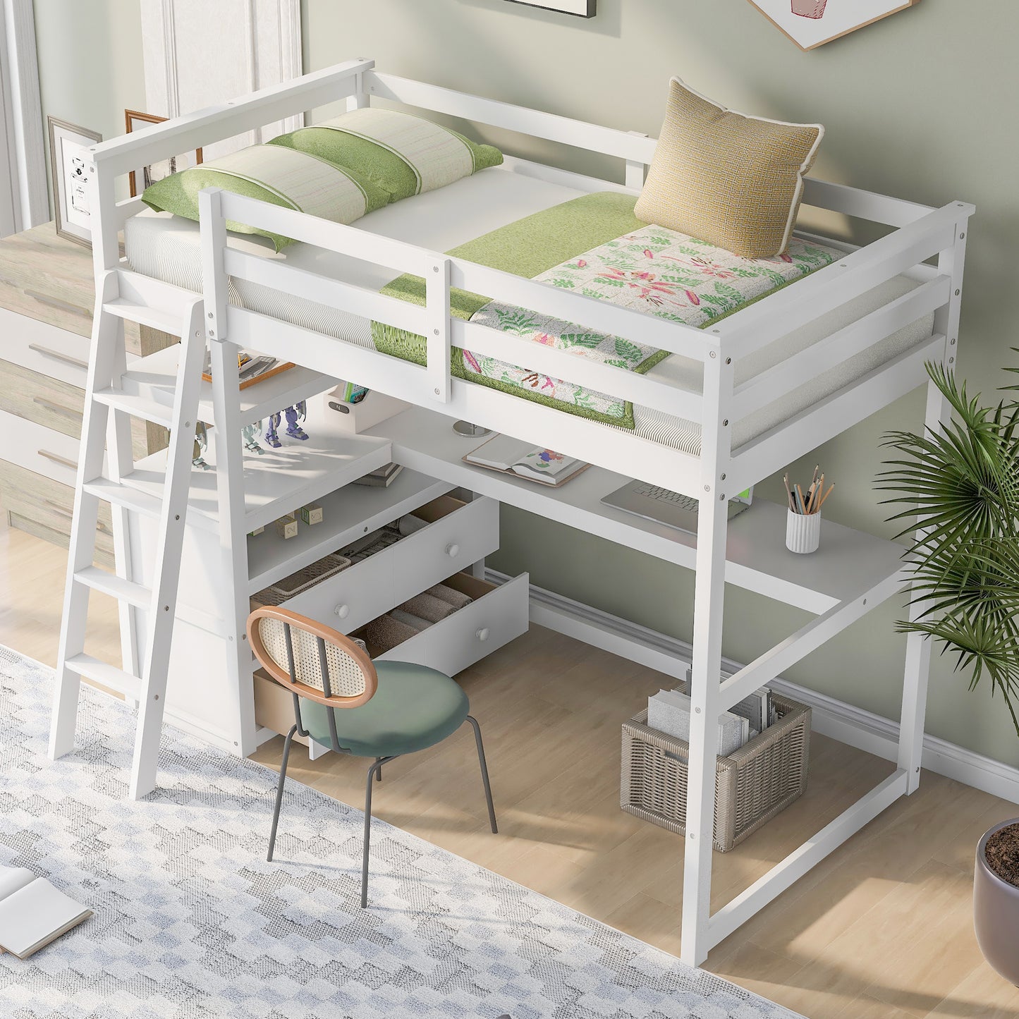 White wooden loft bed with integrated desk and storage drawers for kids room