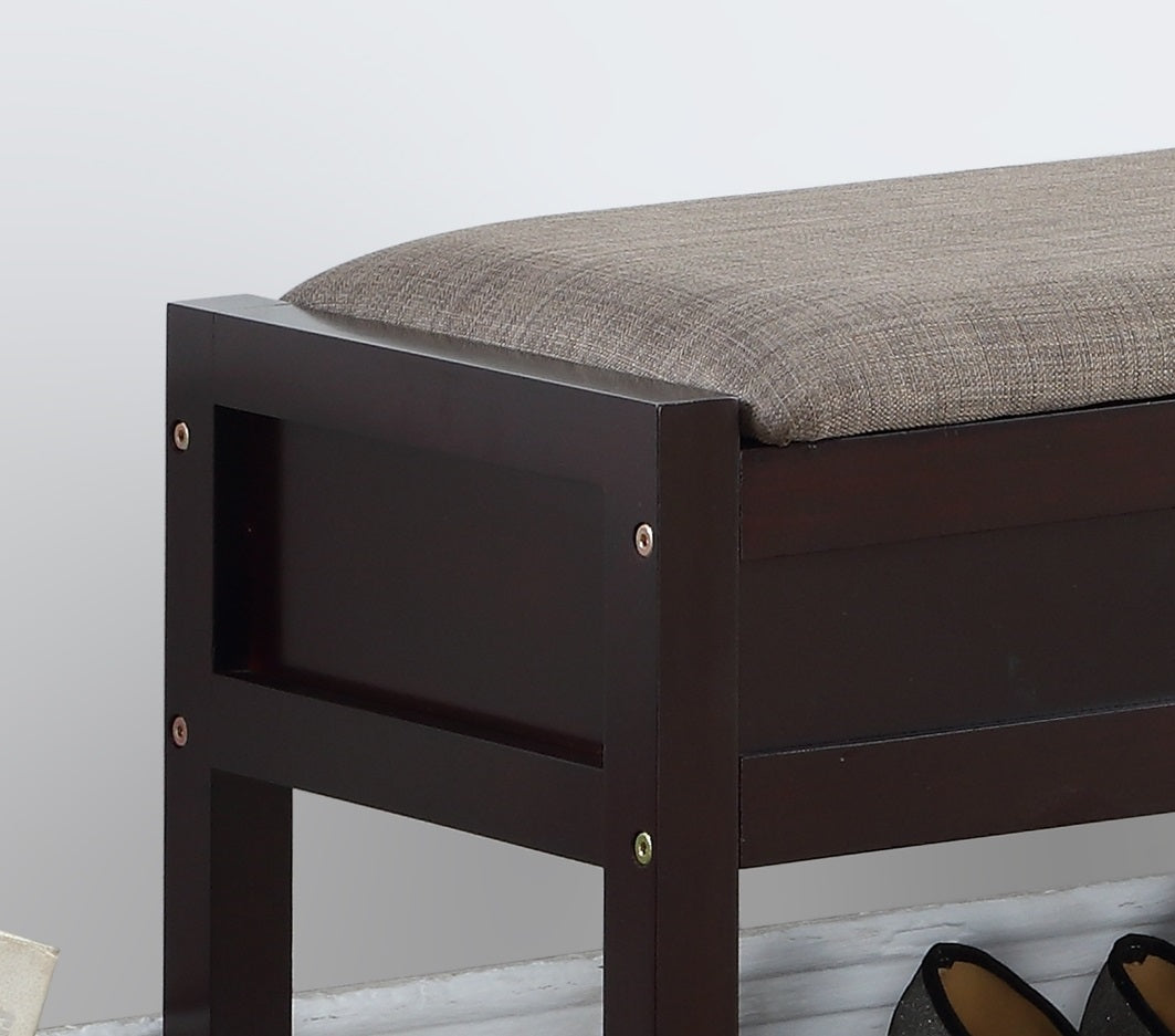 Dark brown wooden shoe bench with grey linen upholstered seat