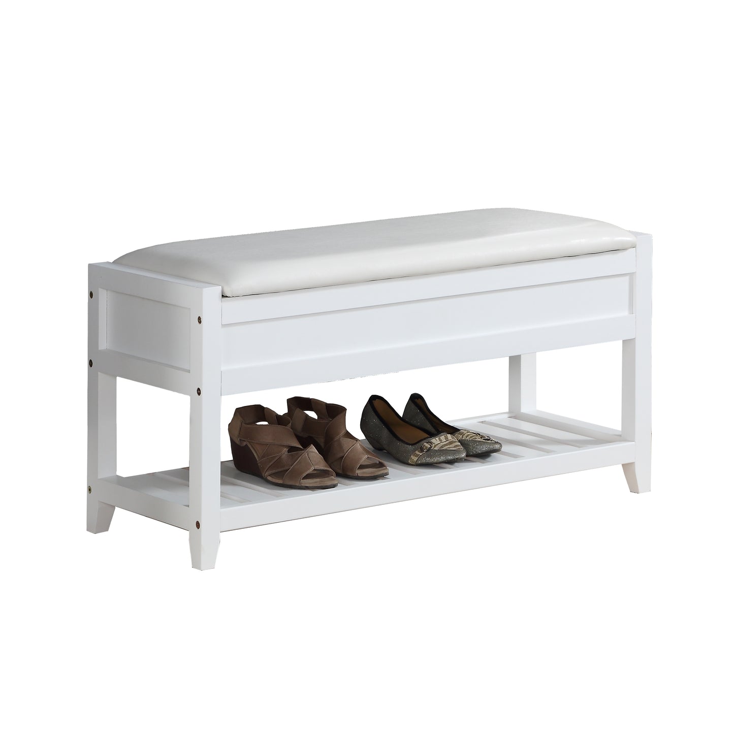 White wood storage bench with padded top and slatted shoe shelf